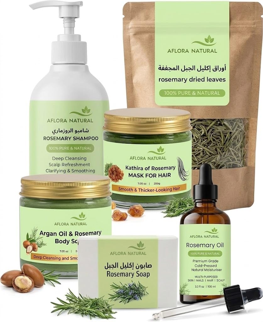 612oP13Cx8L.jpg AFLORA NATURALComplete Rosemary Beauty Set | Includes Shampoo, Hair Mask, Argan Body Scrub, Bar Soap, Rosemary Oil & Dried Leaves |مجموعة إكليل الجبل - Image 1