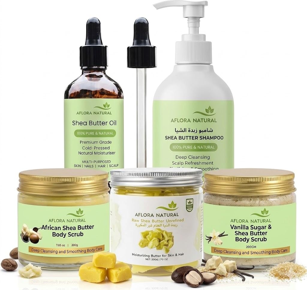 61NivXP0ZmL.jpg AFLORA NATURALComplete Shea Butter Beauty Set | Includes Shea Shampoo, Cosmetic Shea Oil, Raw Unrefined Shea, African Shea Scrub & Vanilla-Inspired Shea Scrub مجموعة زبدة الشيا - Image 1