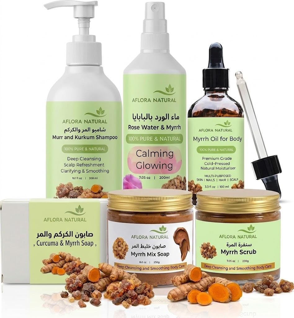61WjWKLt78L.jpg AFLORA NATURALMyrrh & Curcuma Complete Beauty Set | Includes Murr & Kurkum Shampoo, Rose Water Spray, Body Oil, Bar Soap, Mix Soap & Body Scrub | مجموعة المر والكركم - Image 1