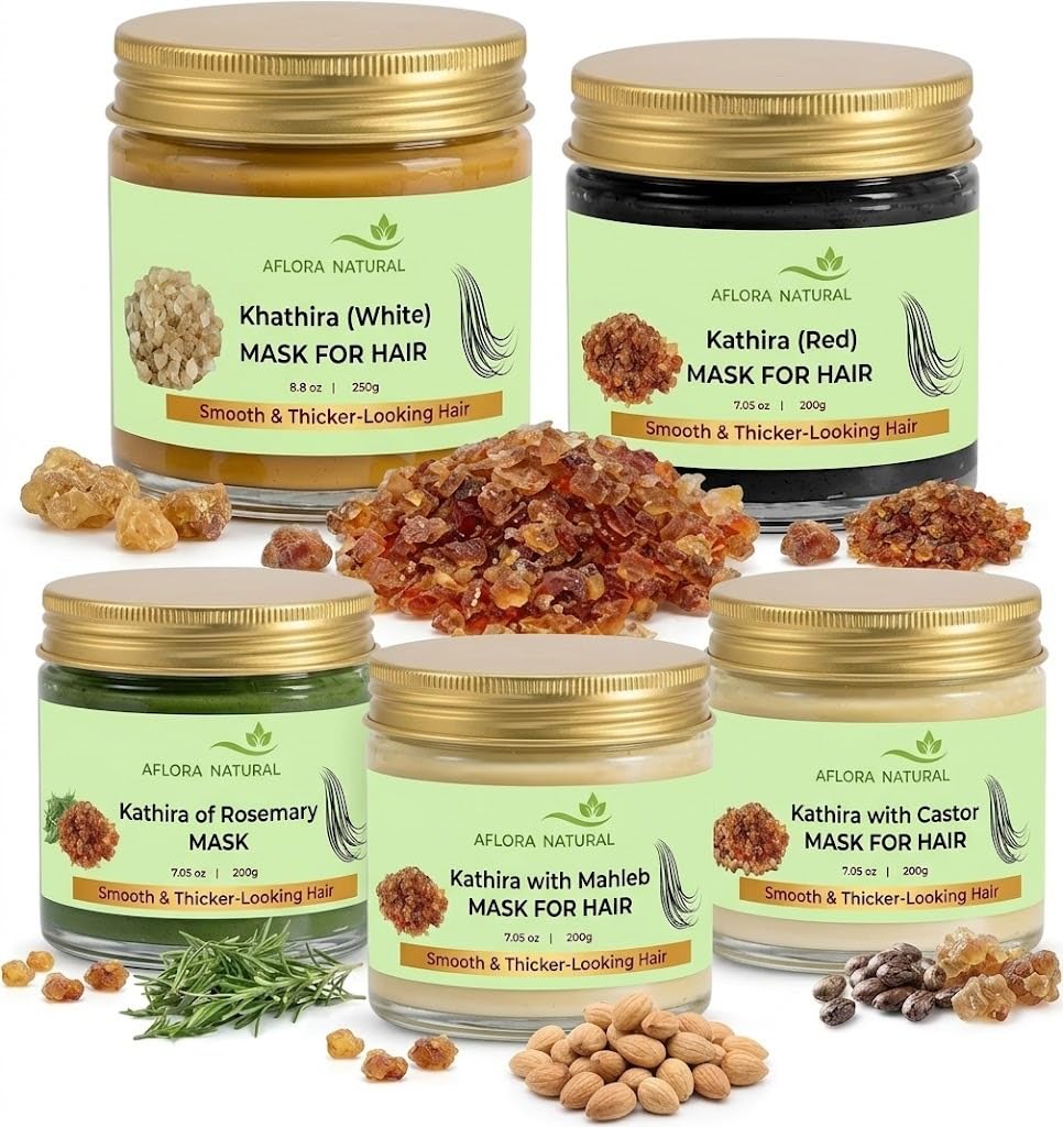 71iraL81-pL.jpg AFLORA NATURALComplete Kathira Hair Mask Collection | Includes White, Red, Rosemary, Mahleb & Castor Hair Masks | Premium Vanity Beauty Set | مجموعة ماسك الكثيرة للشعر - Image 1