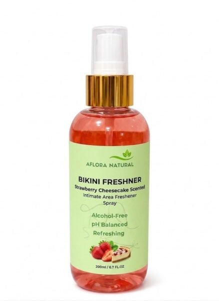 Aflora Natural Bikini Freshener Spray, Strawberry Cheesecake Scented Mist, Alcohol-Free, pH Balanced, All-Day Freshness, 200ml