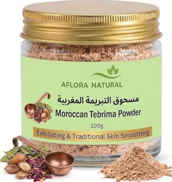 AFLORA NATURAL Moroccan Tebrima Herbal Body Scrub Powder, 100g, with Nila, Henna, Rose & White Clay, for Smooth, Glowing Skin