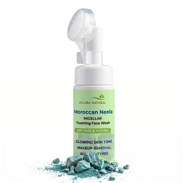 AFLORA NATURAL Moroccan Neela Micellar Foaming Face Wash with Built-In Silicone Cleansing Brush, Deep Pore Cleanser, Makeup Removal, All Skin Types, 150ml