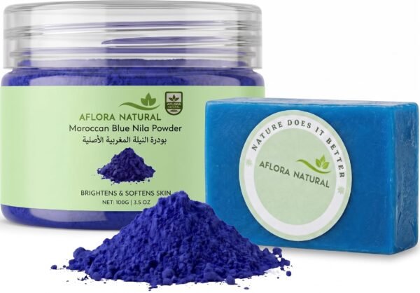 Moroccan Blue Nila Powder 50g & Solid Soap Set, Natural Brightening & Deep Cleansing, Face & Body Care, Skin Purifying Traditional Beauty Treatment, All Skin Types