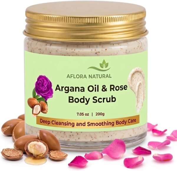 Aflora Natural Argan Oil and Rose Sugar Scrub, 200g, Gentle Nourishing Body Exfoliator for Radiant, Velvety-Soft Skin